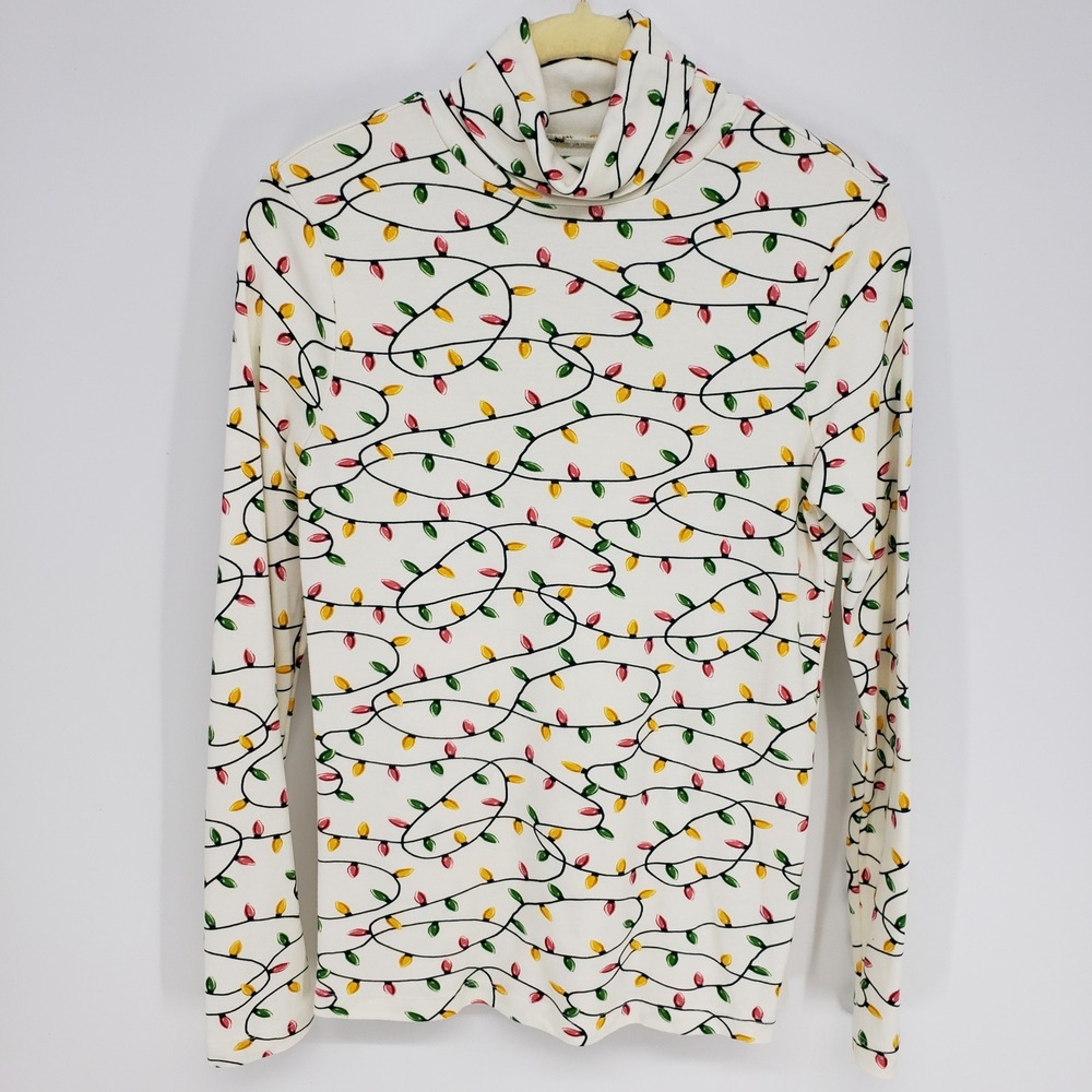 Christmas Lights Novelty Turtleneck Top Women Small White Holiday Festive Cotton